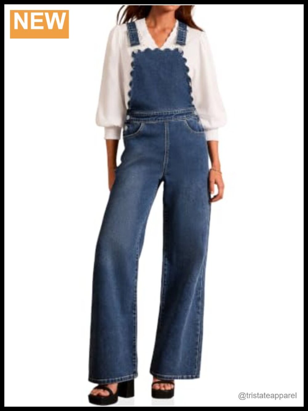 Scalloped Wide Leg Baggy Cotton Blend Denim Overalls Adjustable Straps